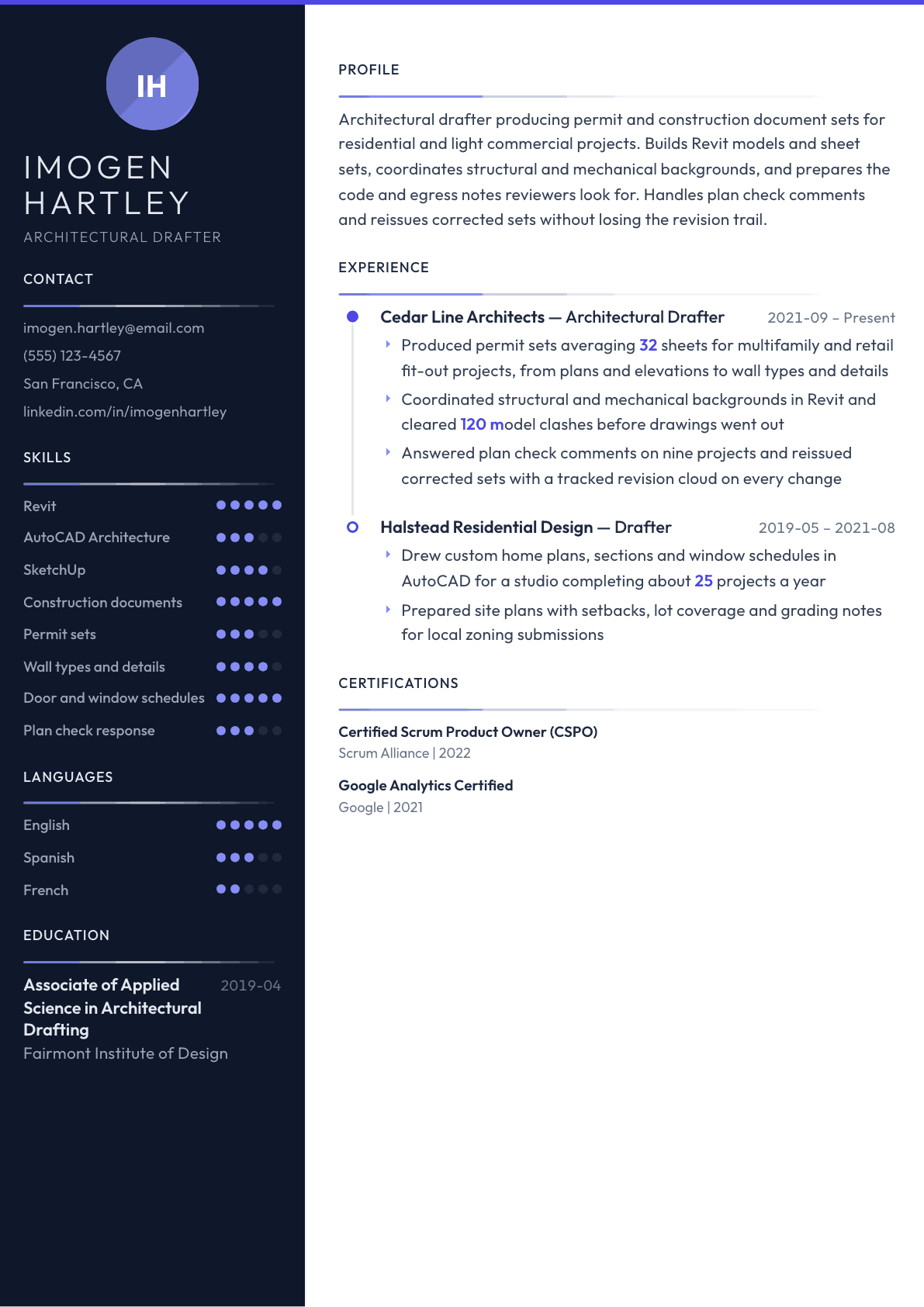 Architectural Drafter resume example, Zenith template