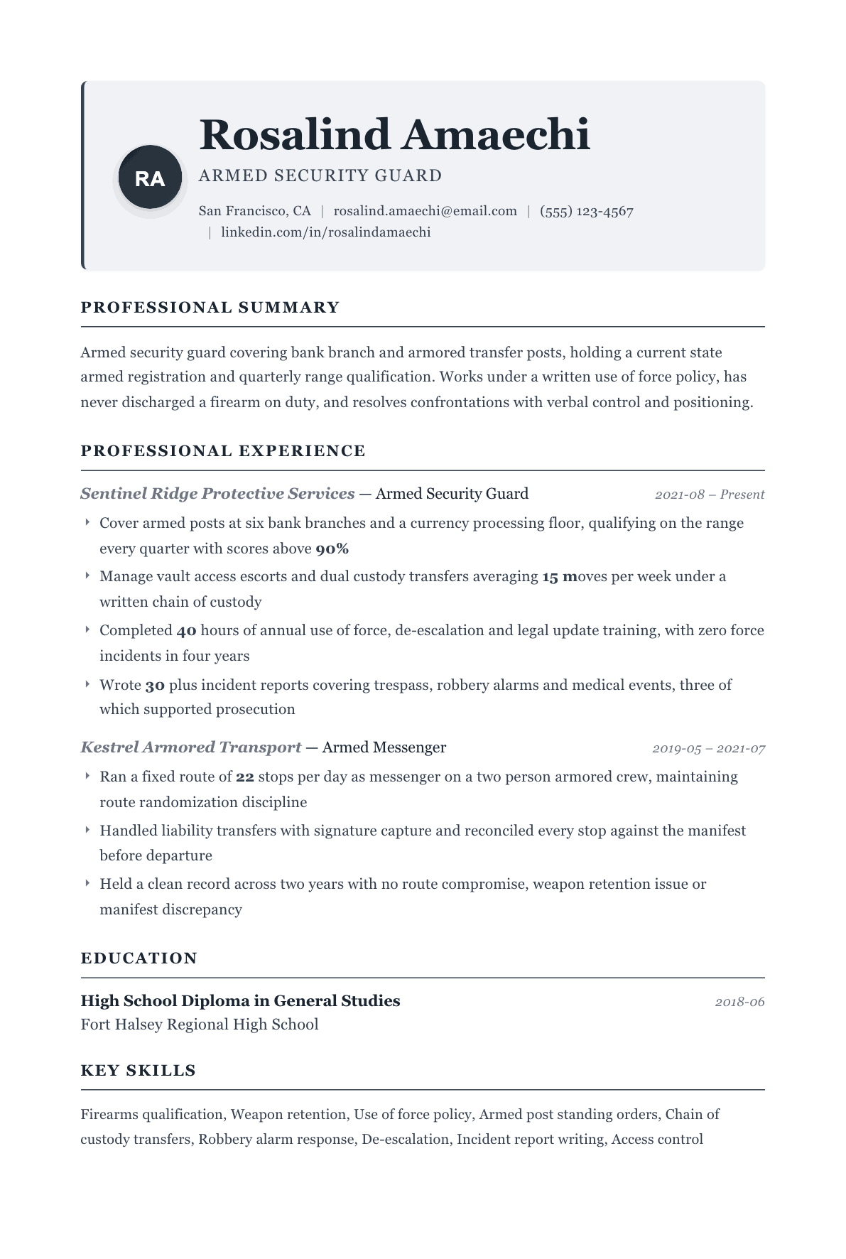 Armed Security Guard resume example, Traditional template