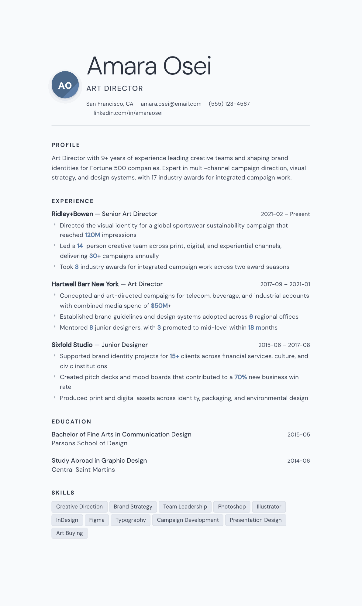 Art Director resume example, Nordic template