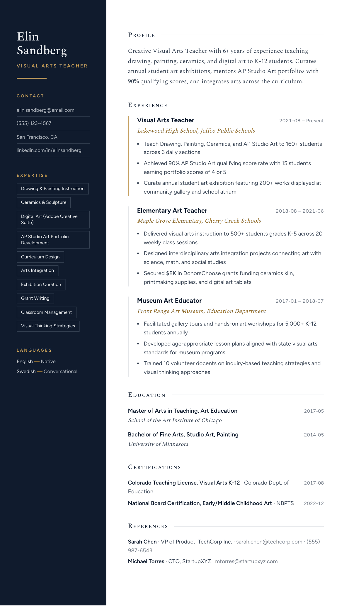 Art Teacher resume example, Nocturne template