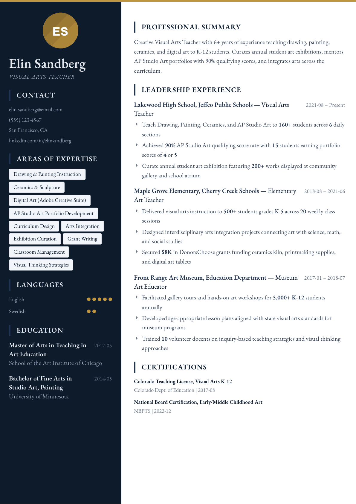 Art Teacher resume example, Presidio template