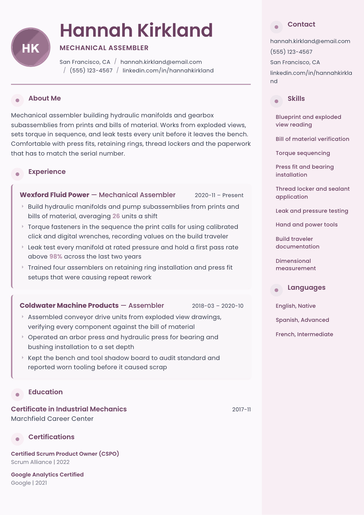 Assembler resume example, Bloom template
