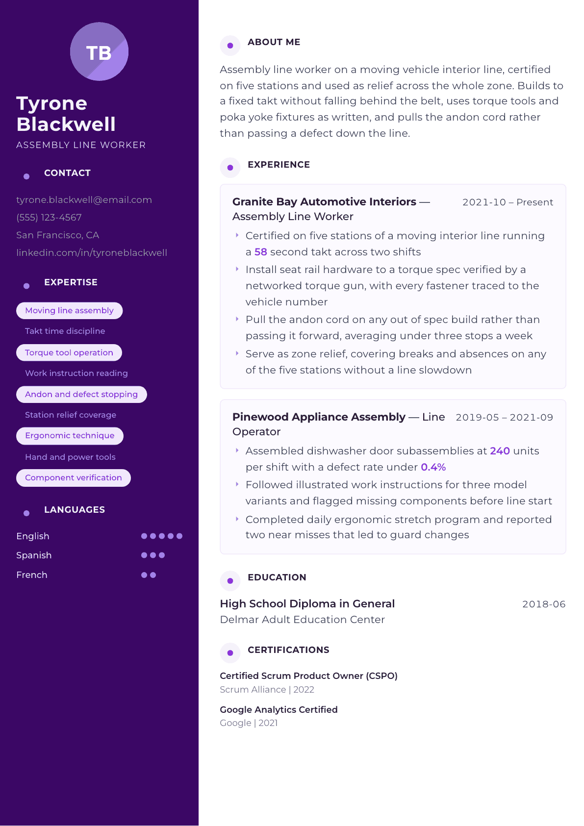 Assembly Line Worker resume example, Palette template
