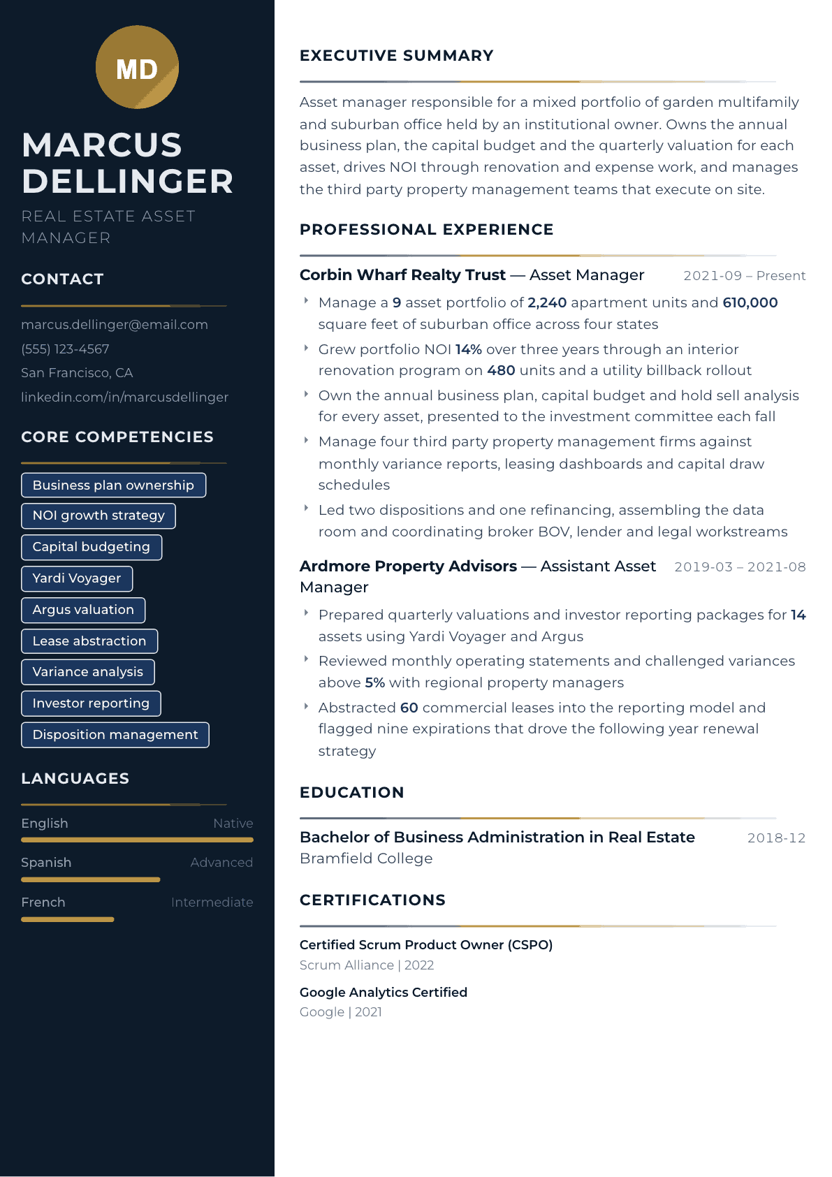 Asset Manager Real Estate resume example, Catalyst template