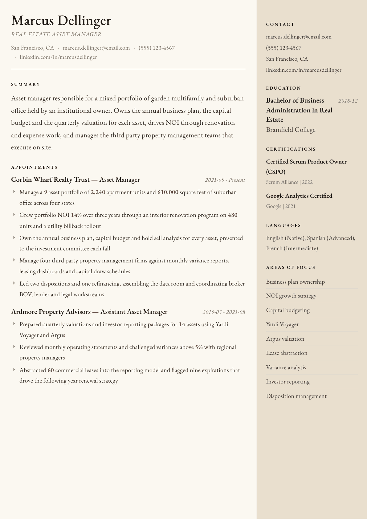 Asset Manager Real Estate resume example, Manuscript template