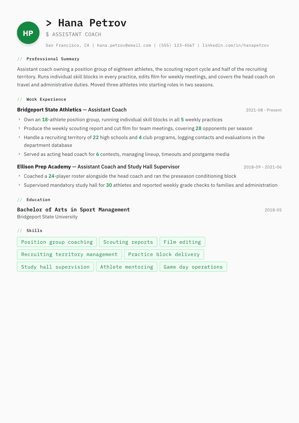 Assistant Coach resume example, Amsterdam template
