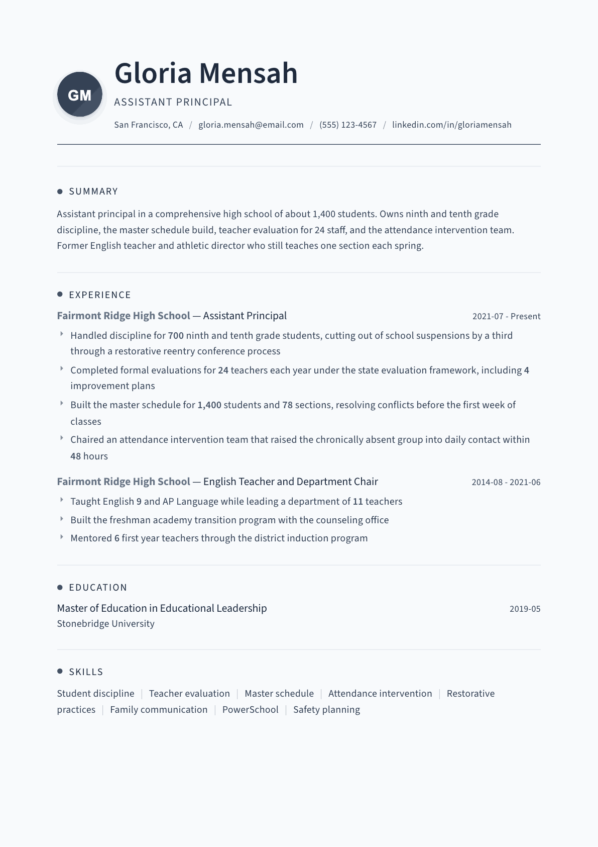 Assistant Principal resume example, Thread template