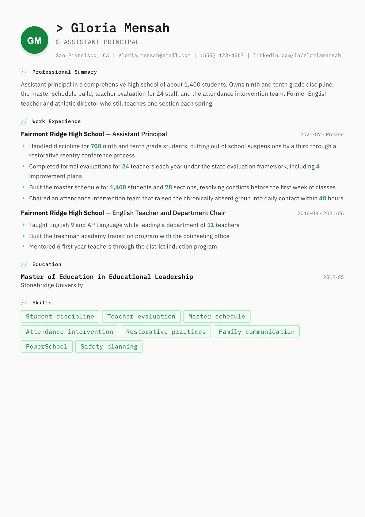 Assistant Principal resume example, Amsterdam template