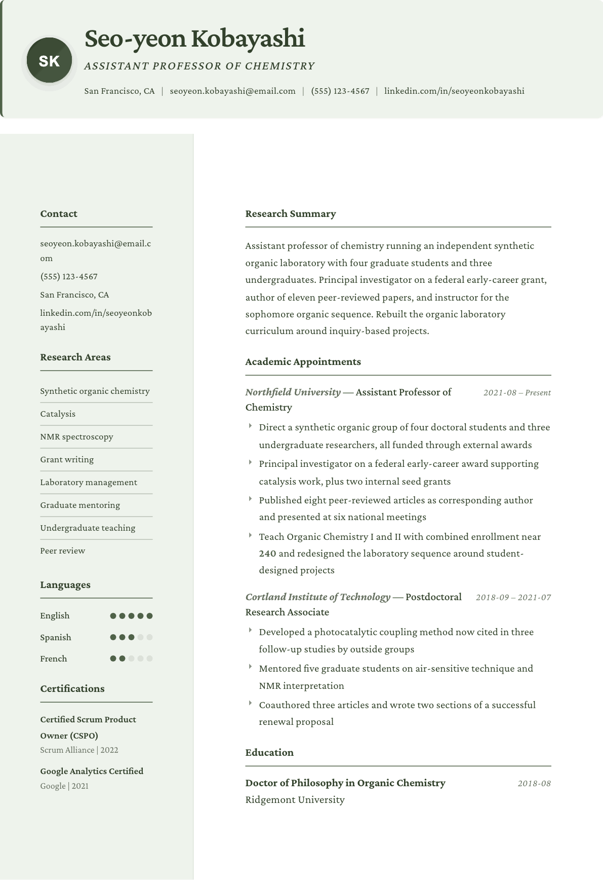 Assistant Professor resume example, Research template