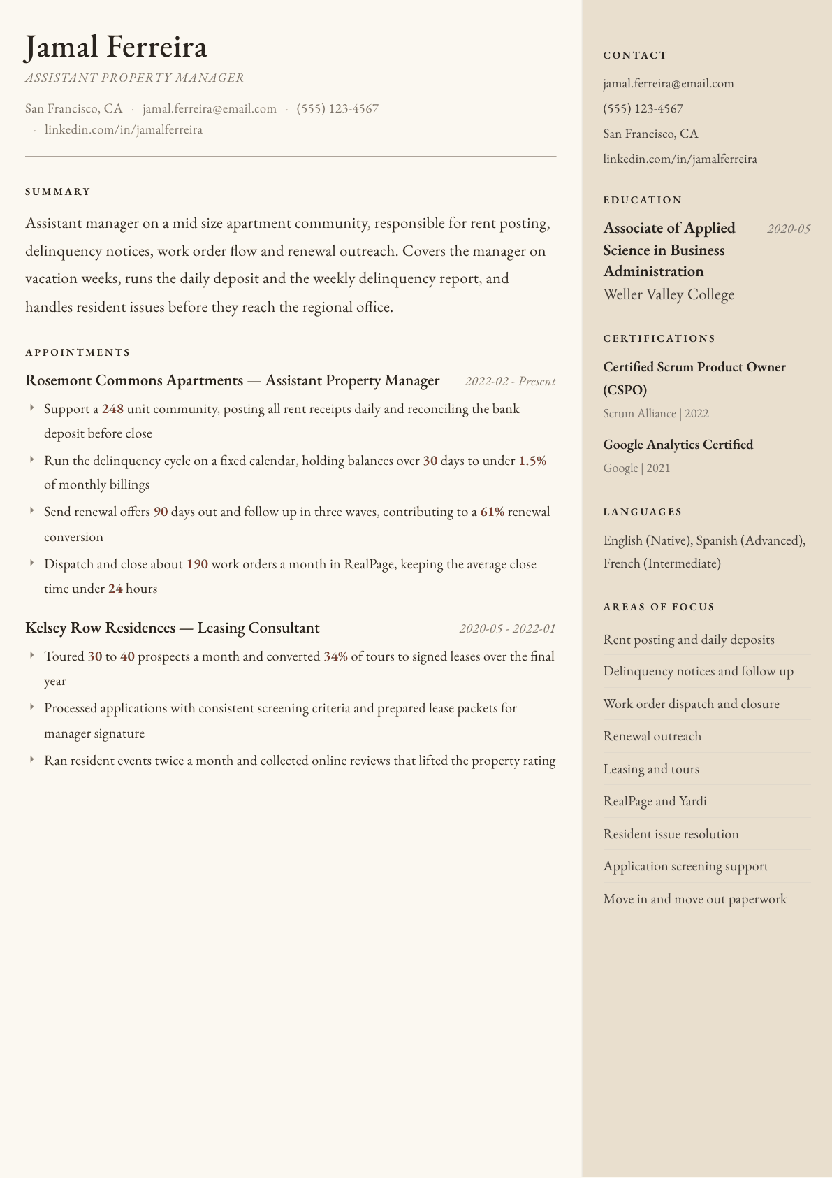 Assistant Property Manager resume example, Manuscript template