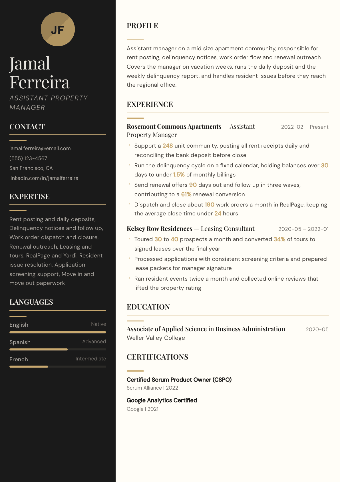 Assistant Property Manager resume example, Obsidian template