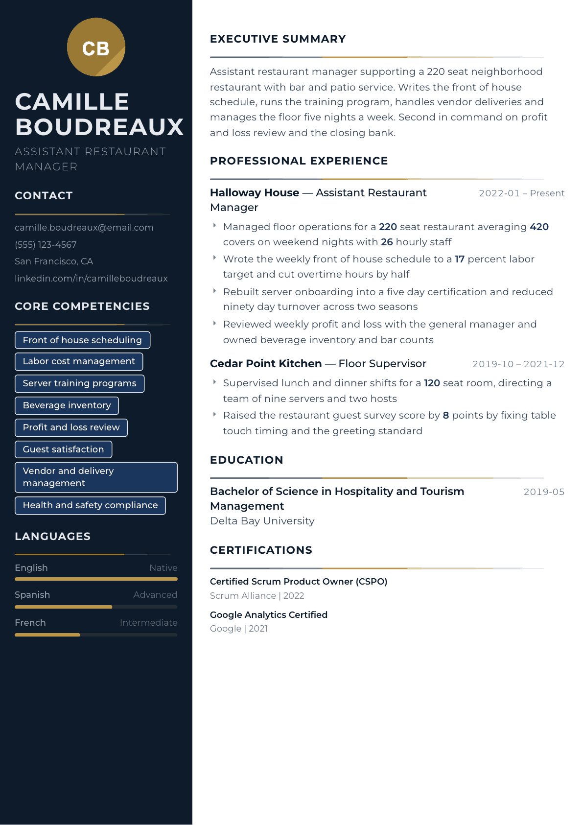 Assistant Restaurant Manager resume example, Catalyst template