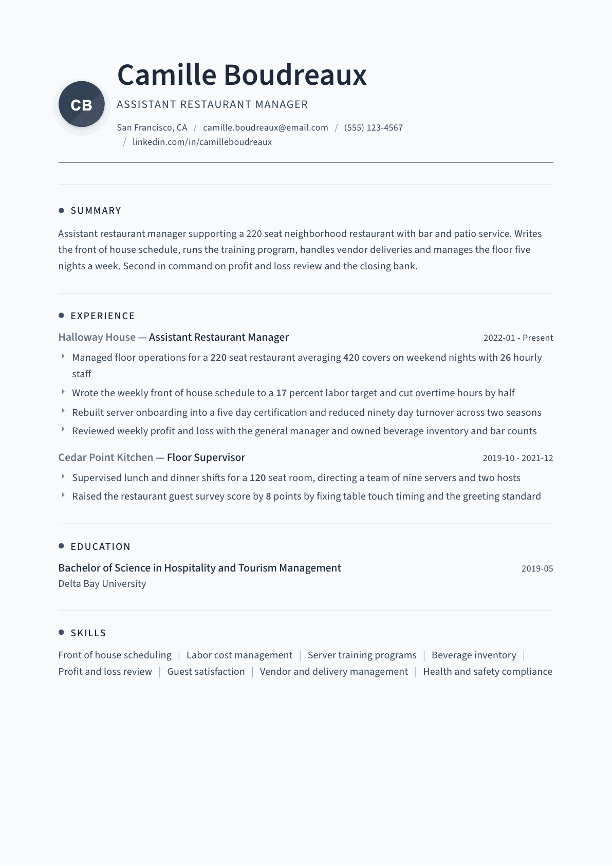 Assistant Restaurant Manager resume example, Thread template