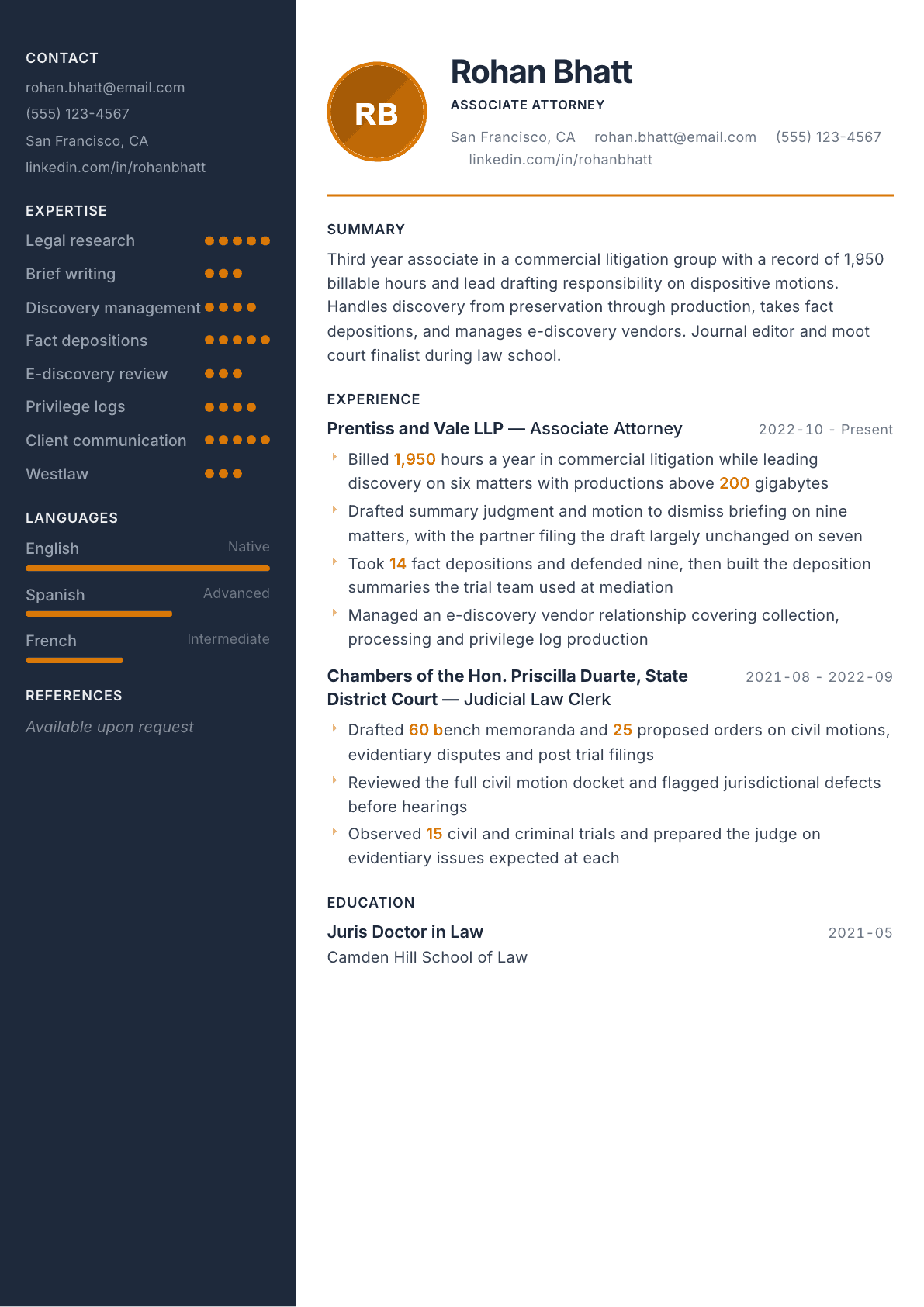 Associate Attorney resume example, Copper & Slate template