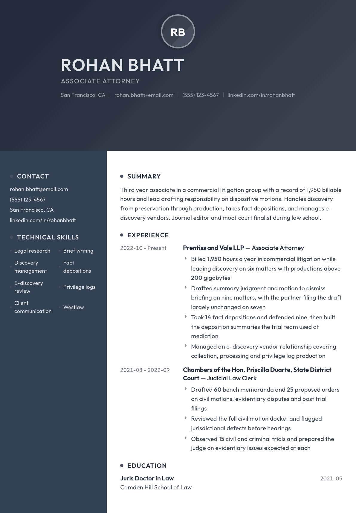 Associate Attorney resume example, Binary template