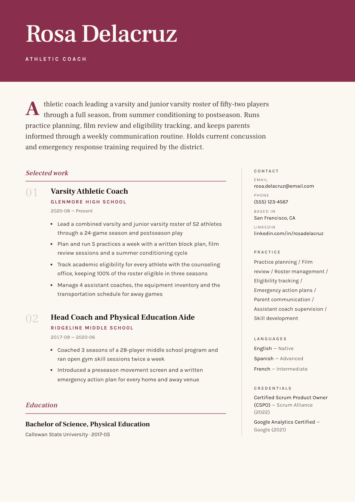 Athletic Coach resume example, Pressroom template