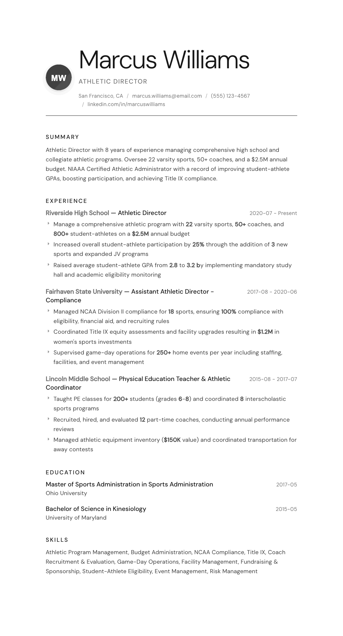 Athletic Director resume example, Whisper template