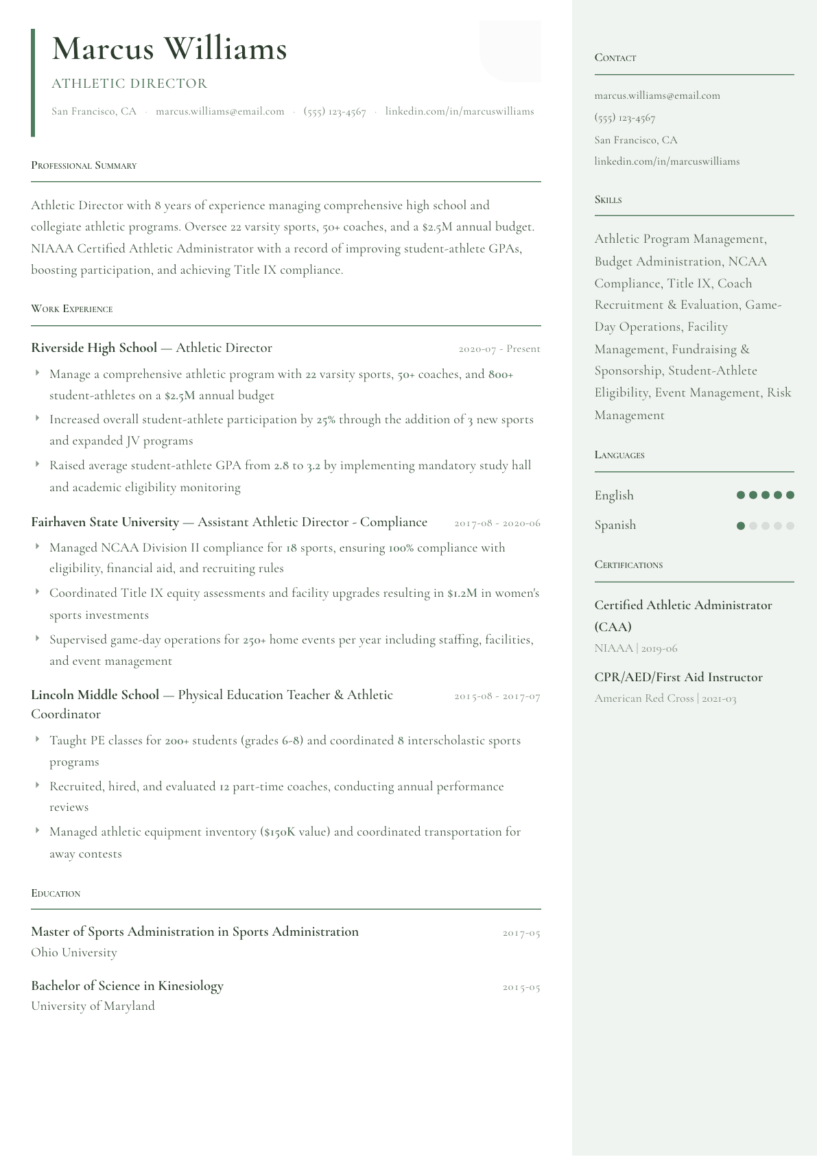 Athletic Director resume example, Copenhagen template