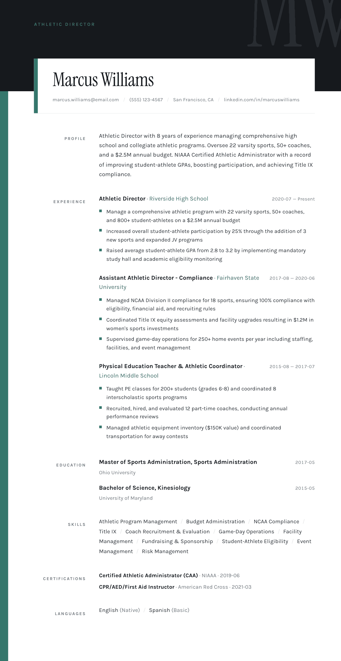 Athletic Director resume example, Quarto template