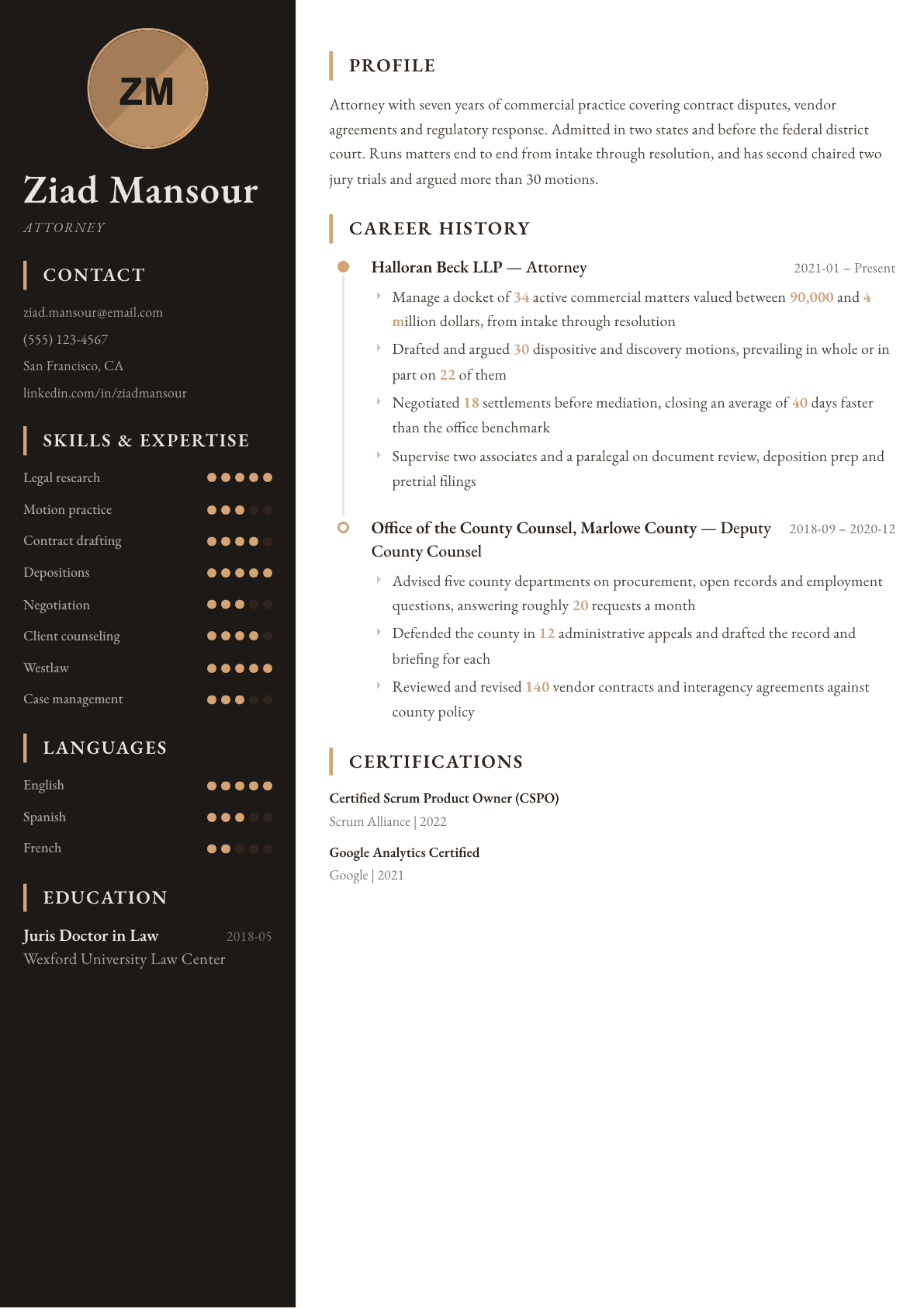 Attorney resume example, Heritage template