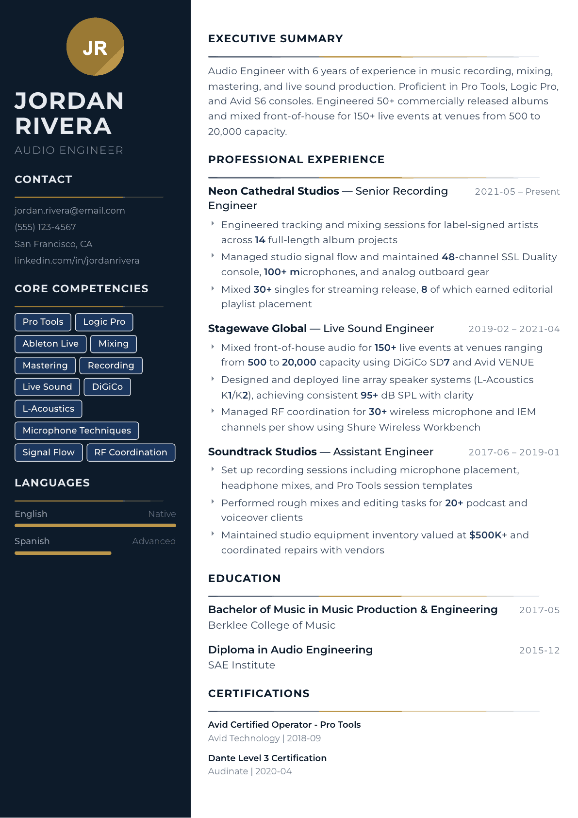 Audio Engineer resume example, Catalyst template
