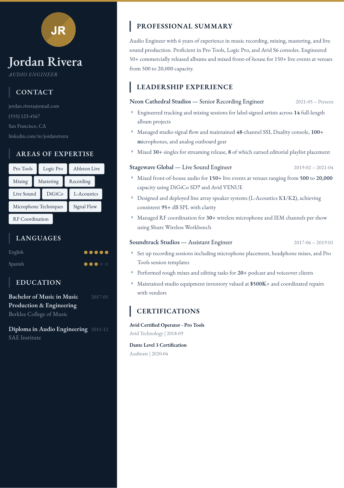 Audio Engineer resume example, Presidio template