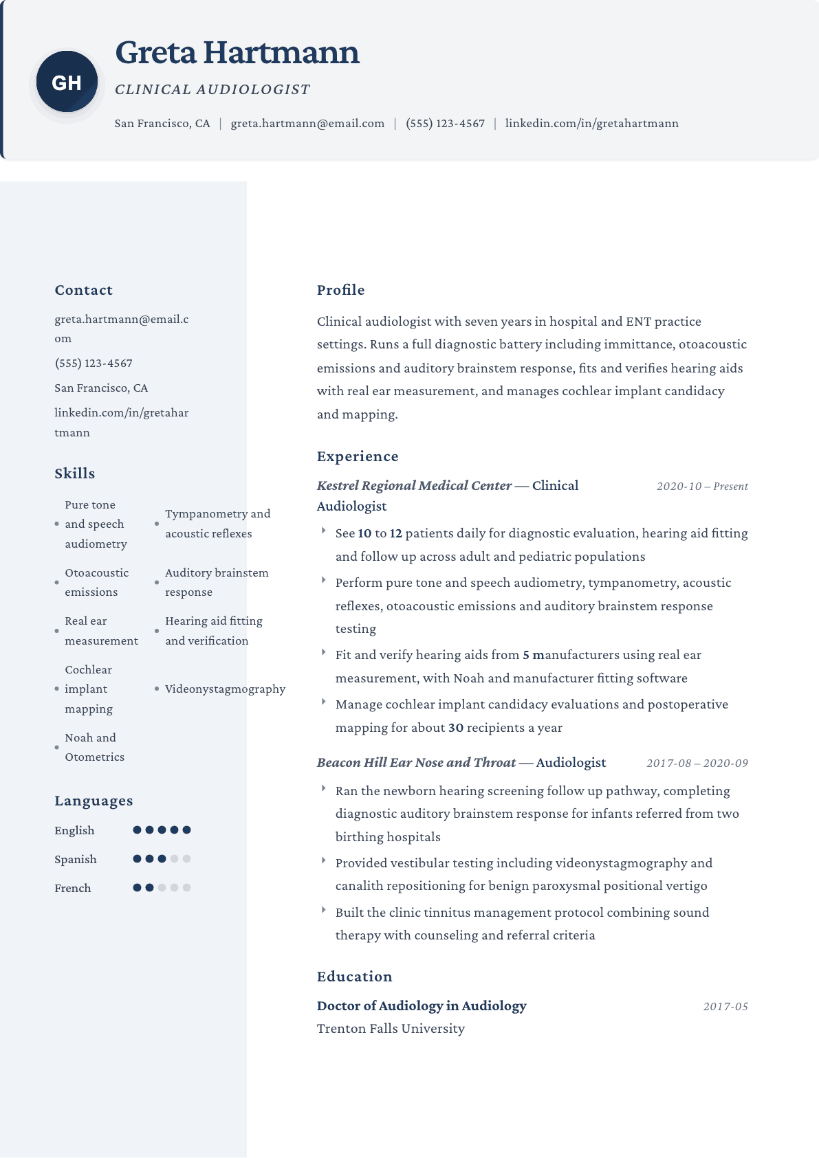 Audiologist resume example, Formal template