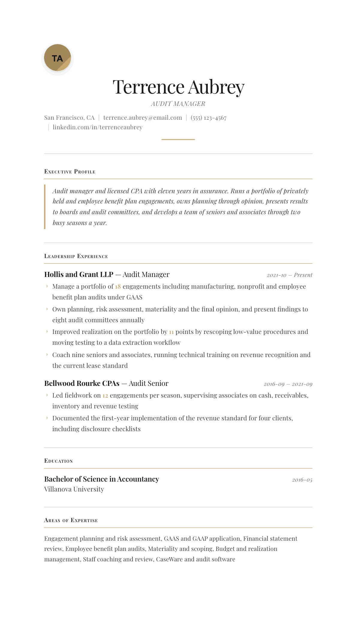 Audit Manager resume example, Chancellor template