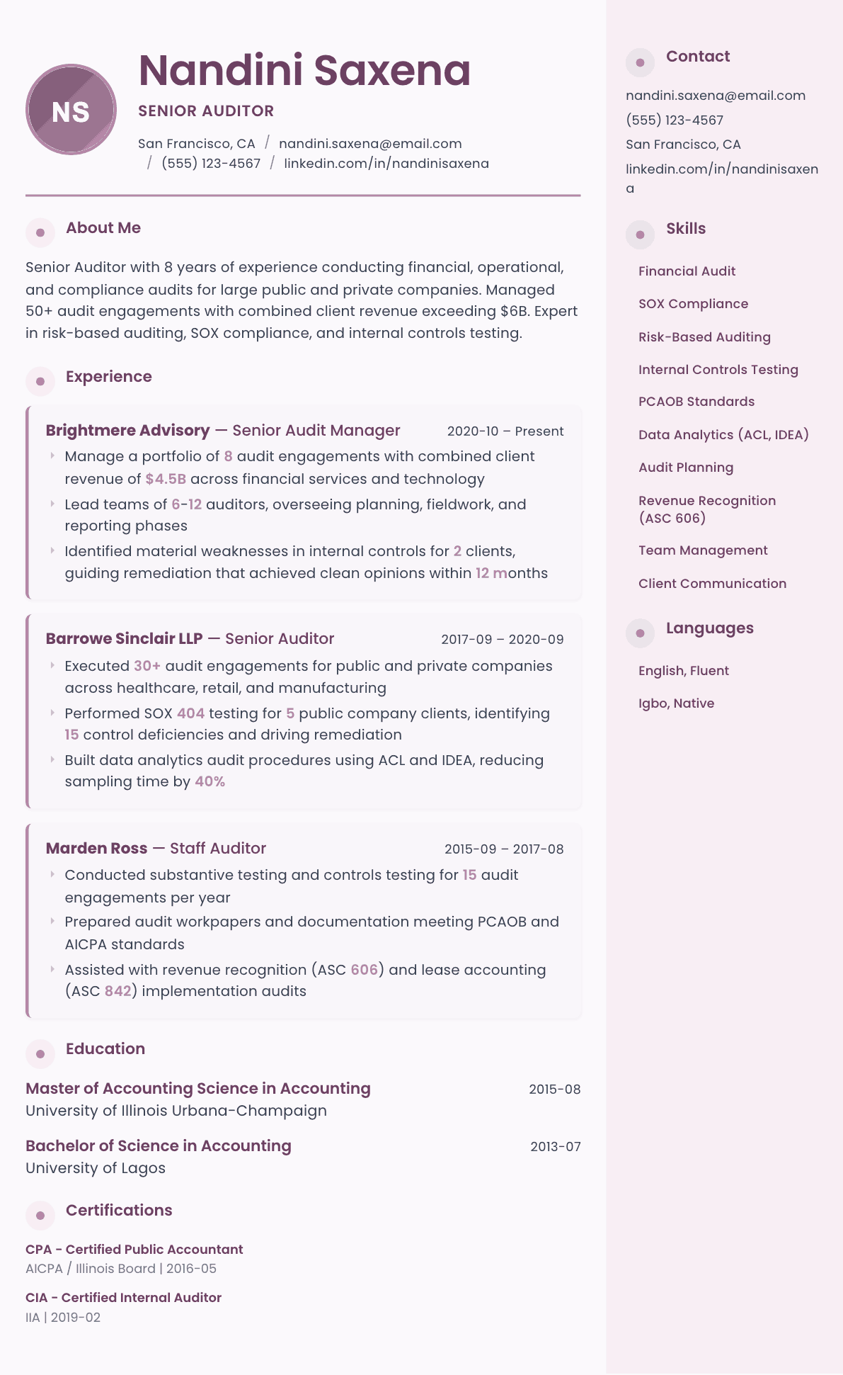 Auditor resume example, Bloom template