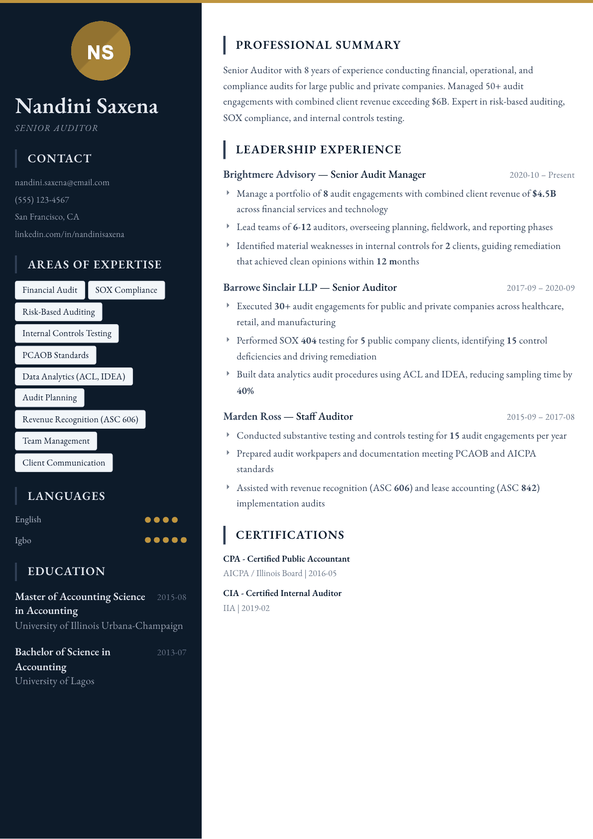 Auditor resume example, Presidio template