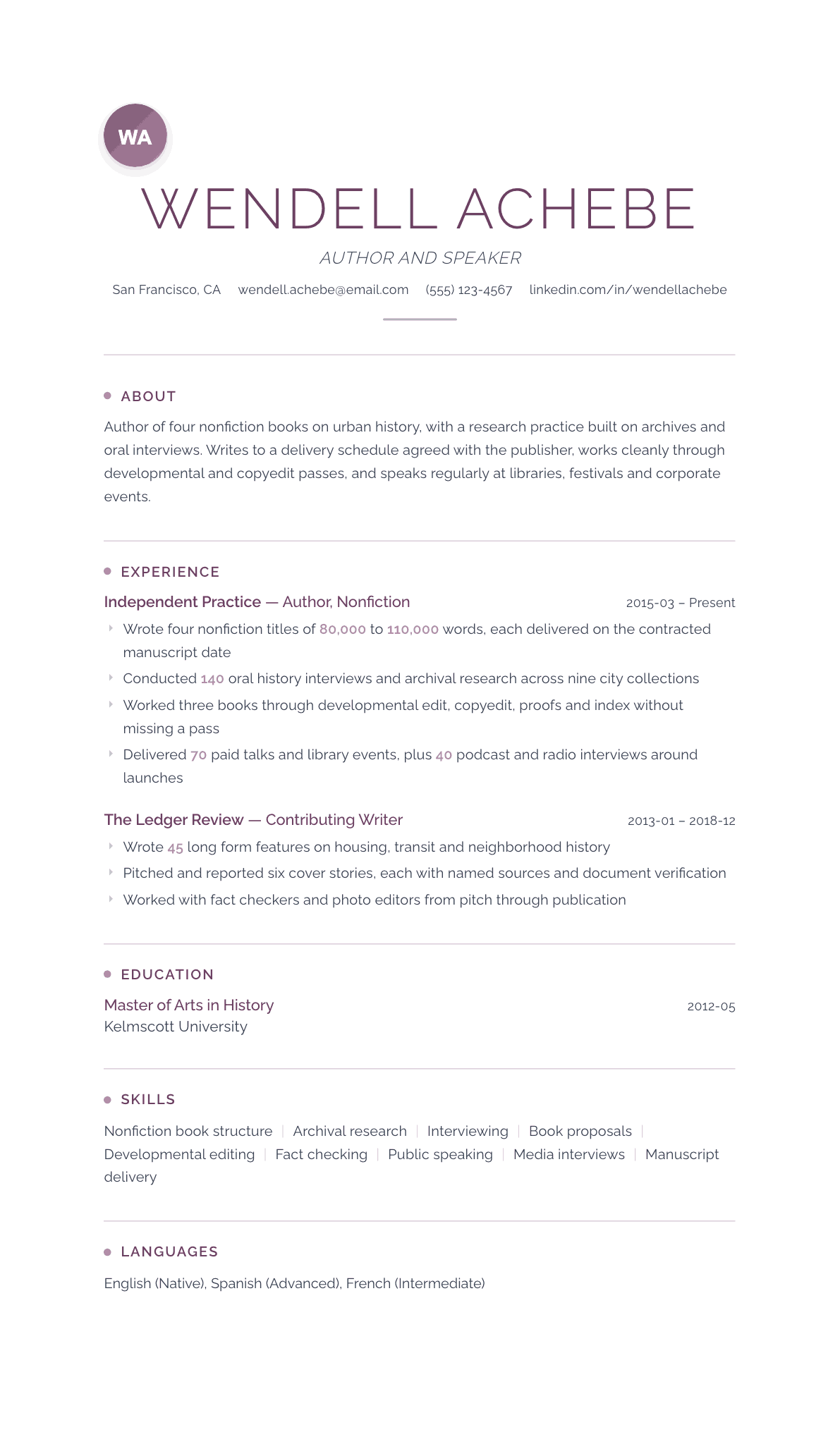 Author resume example, Serenity template