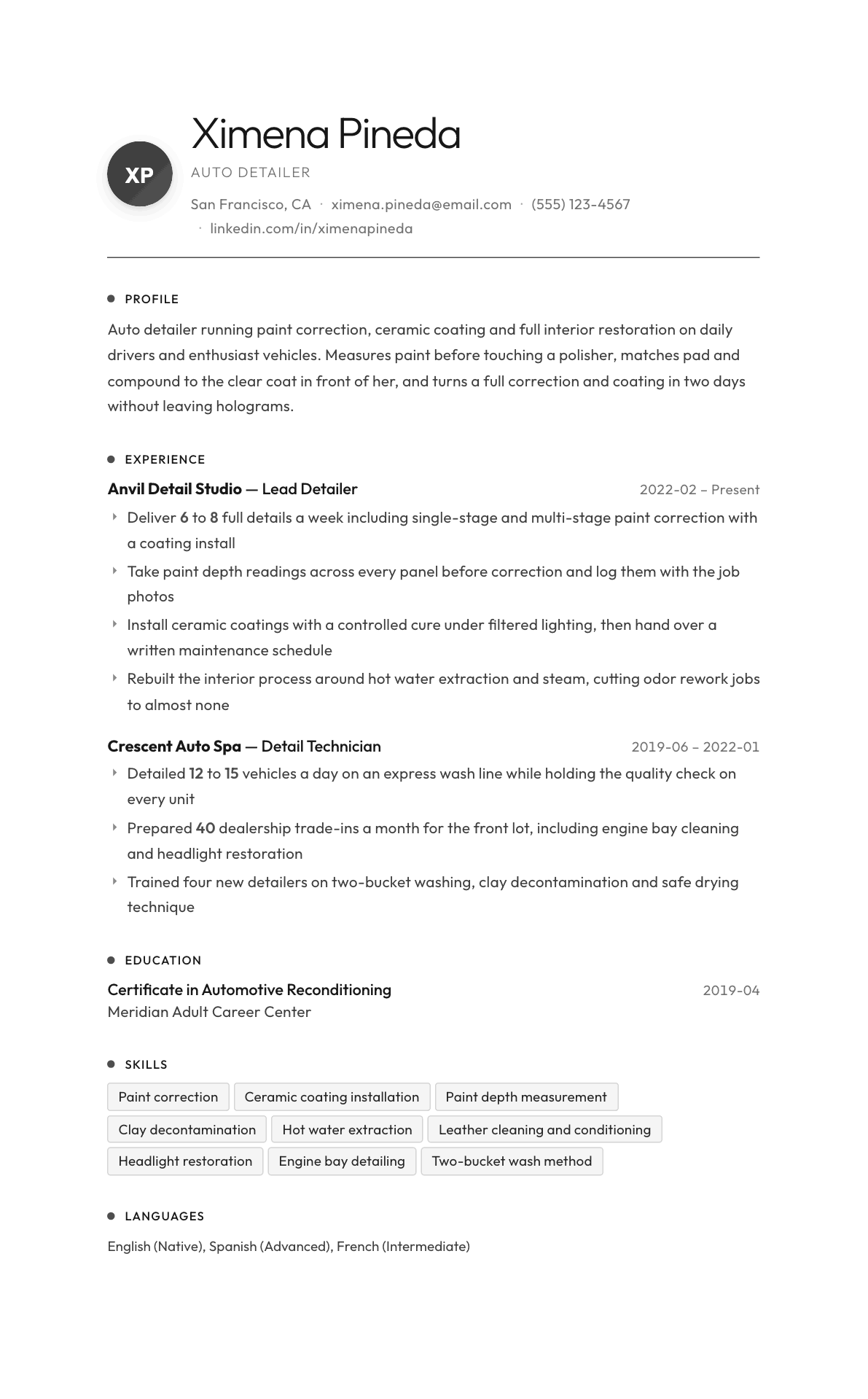 Auto Detailer resume example, Flux template