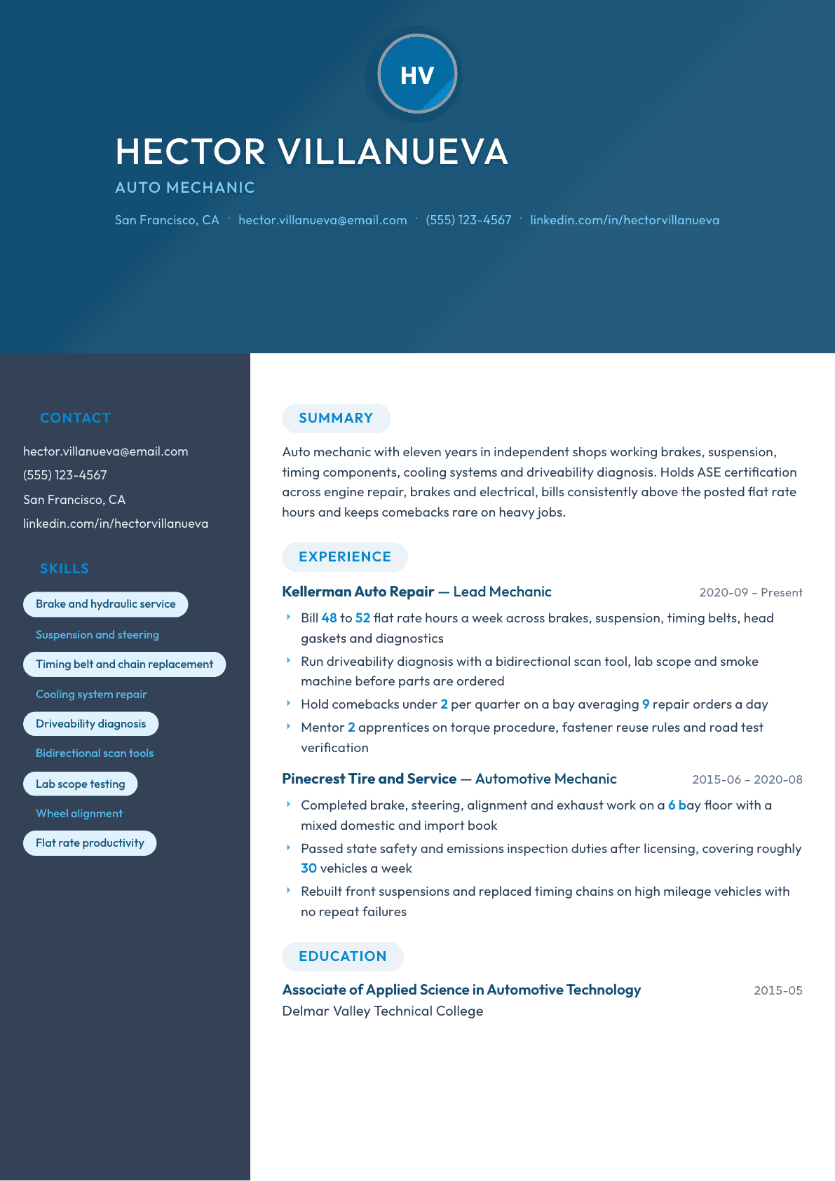 Auto Mechanic resume example, Nexus template