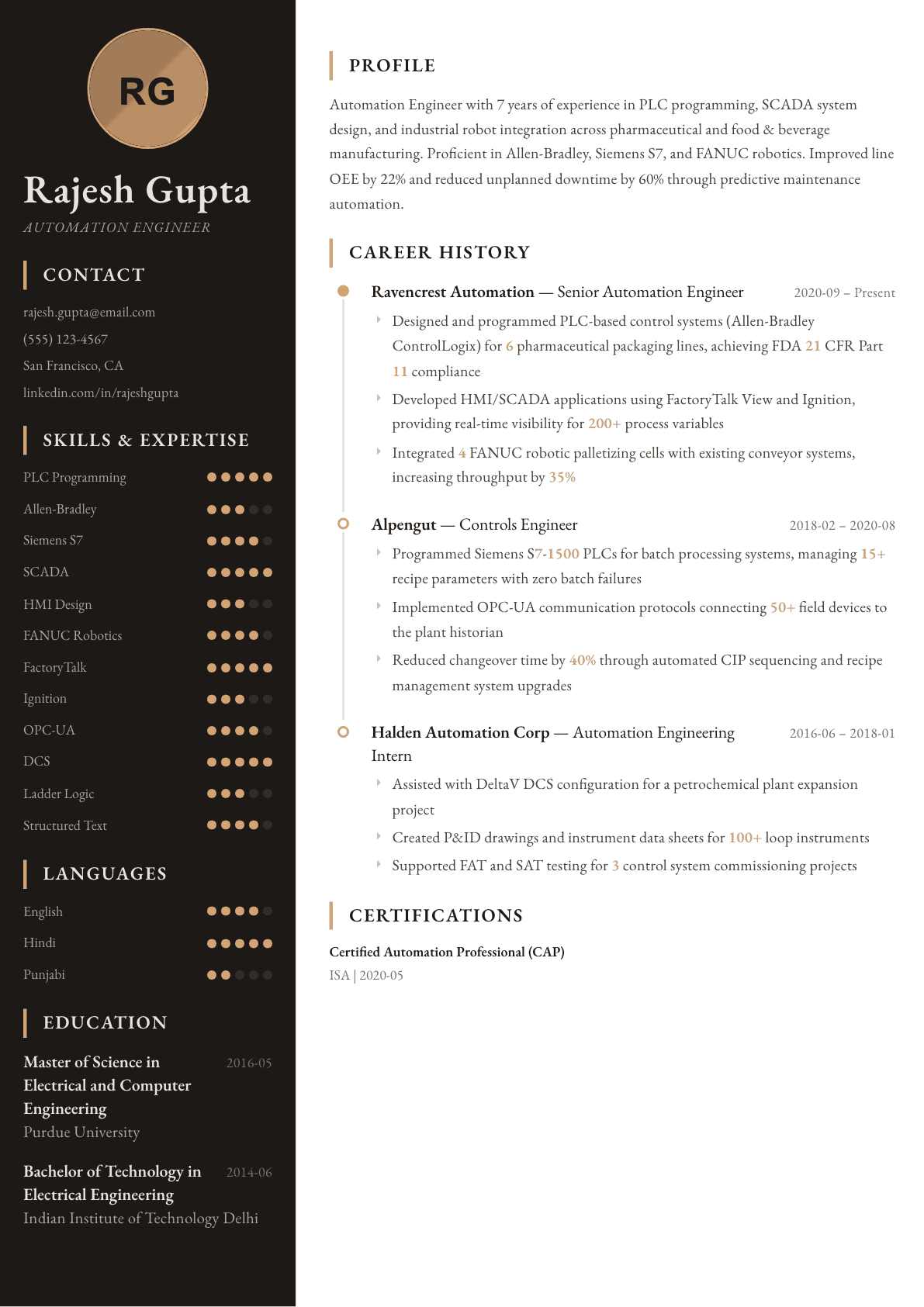 Automation Engineer resume example, Heritage template