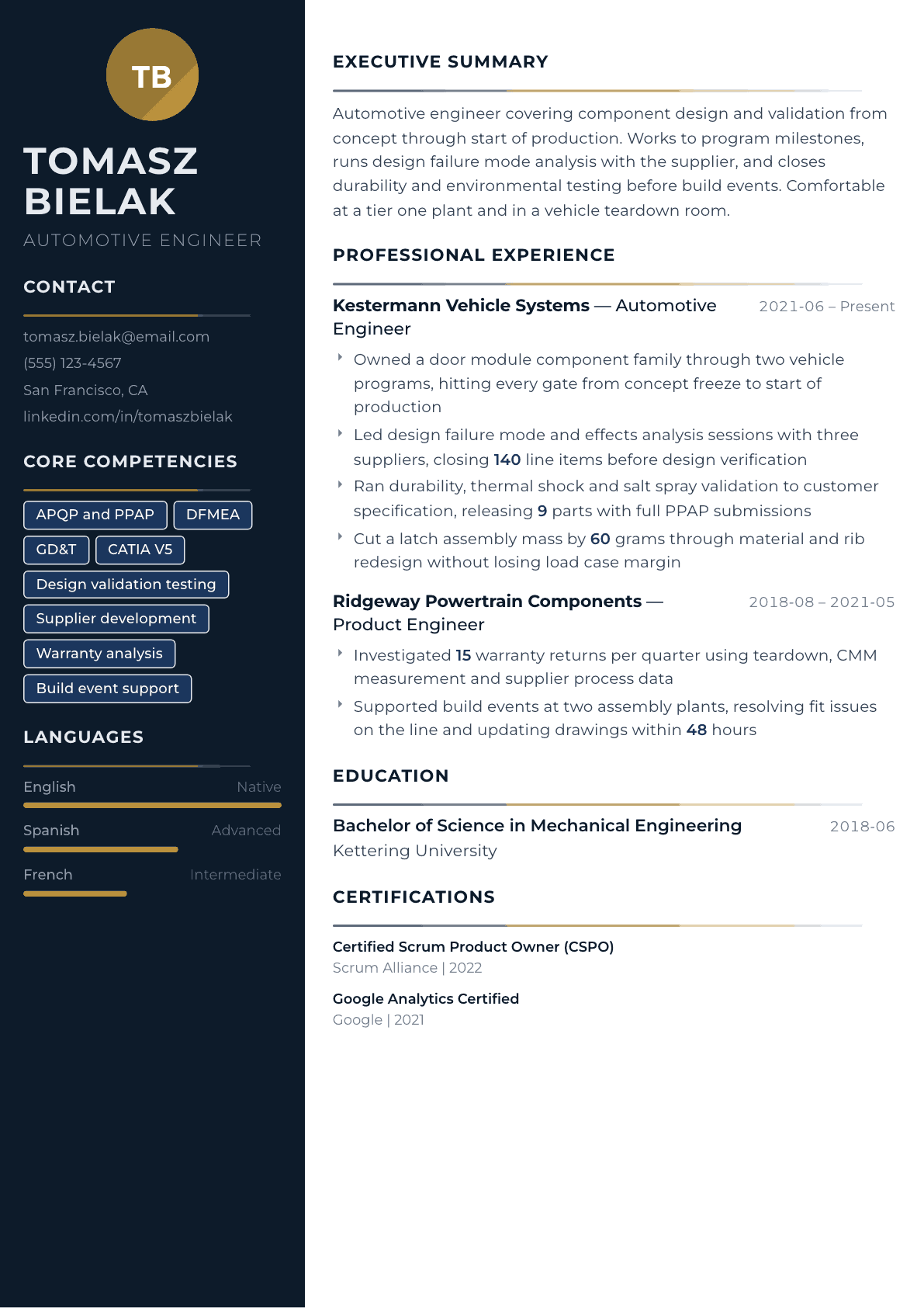 Automotive Engineer resume example, Catalyst template