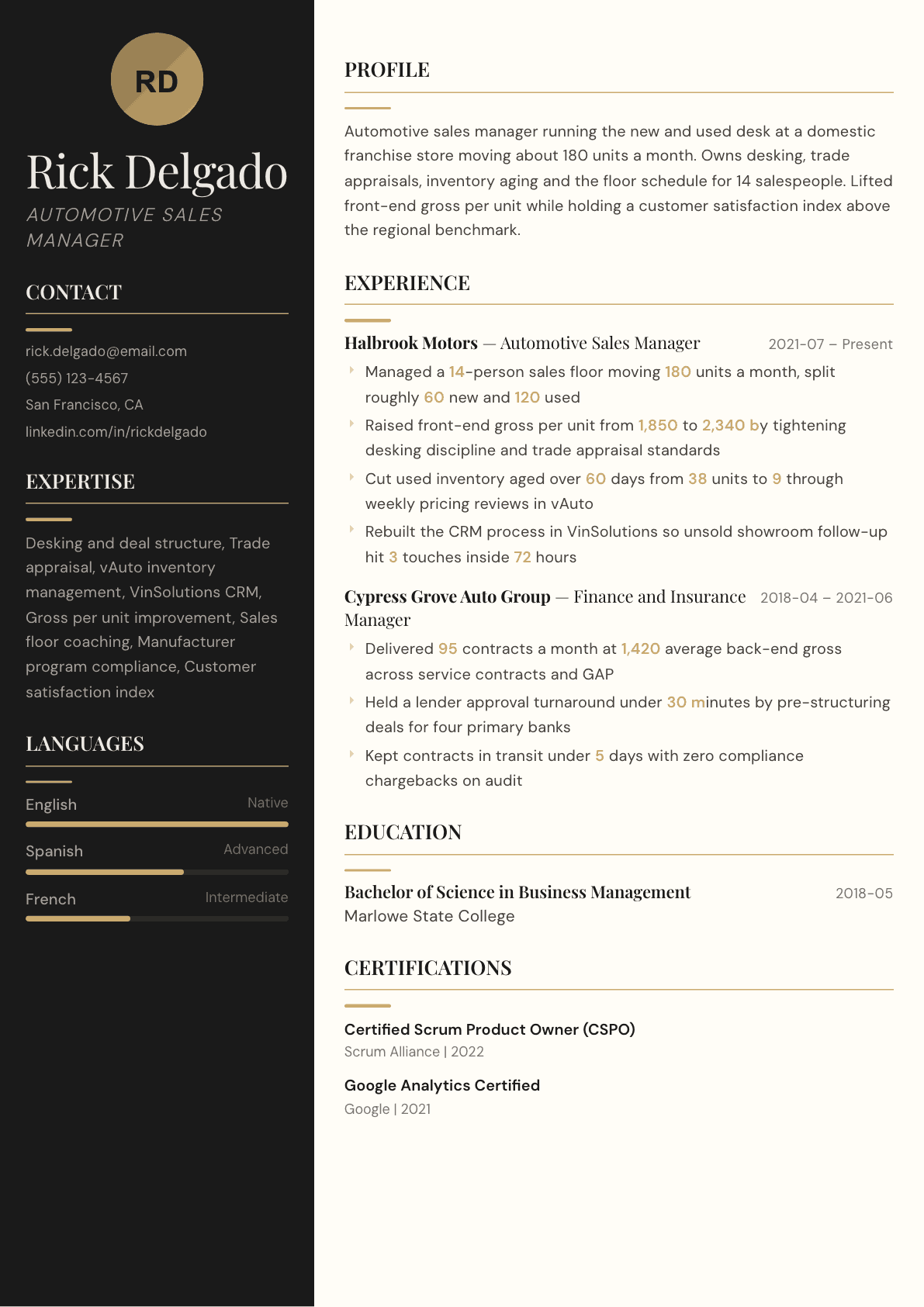 Automotive Sales Manager resume example, Obsidian template