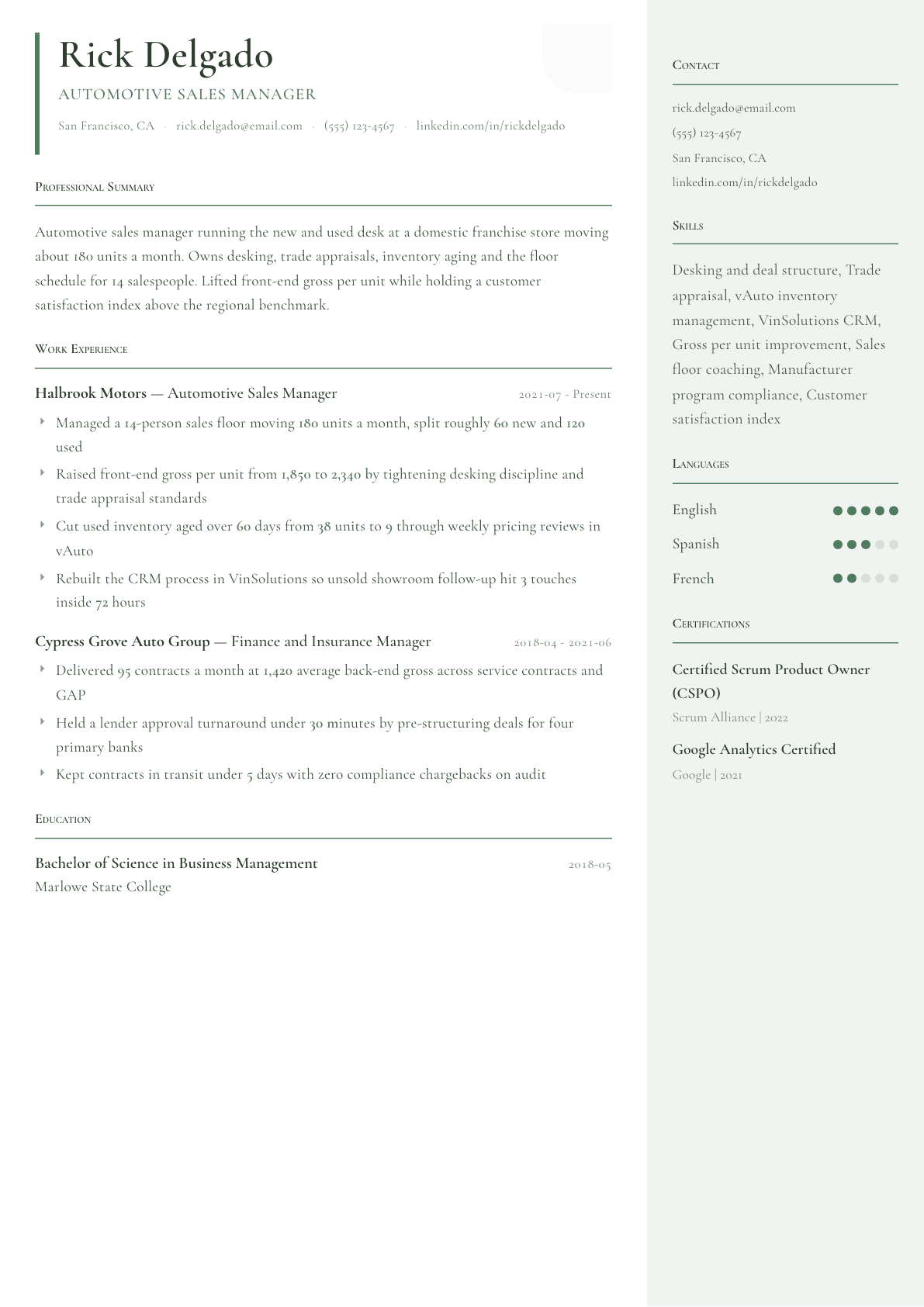 Automotive Sales Manager resume example, Copenhagen template