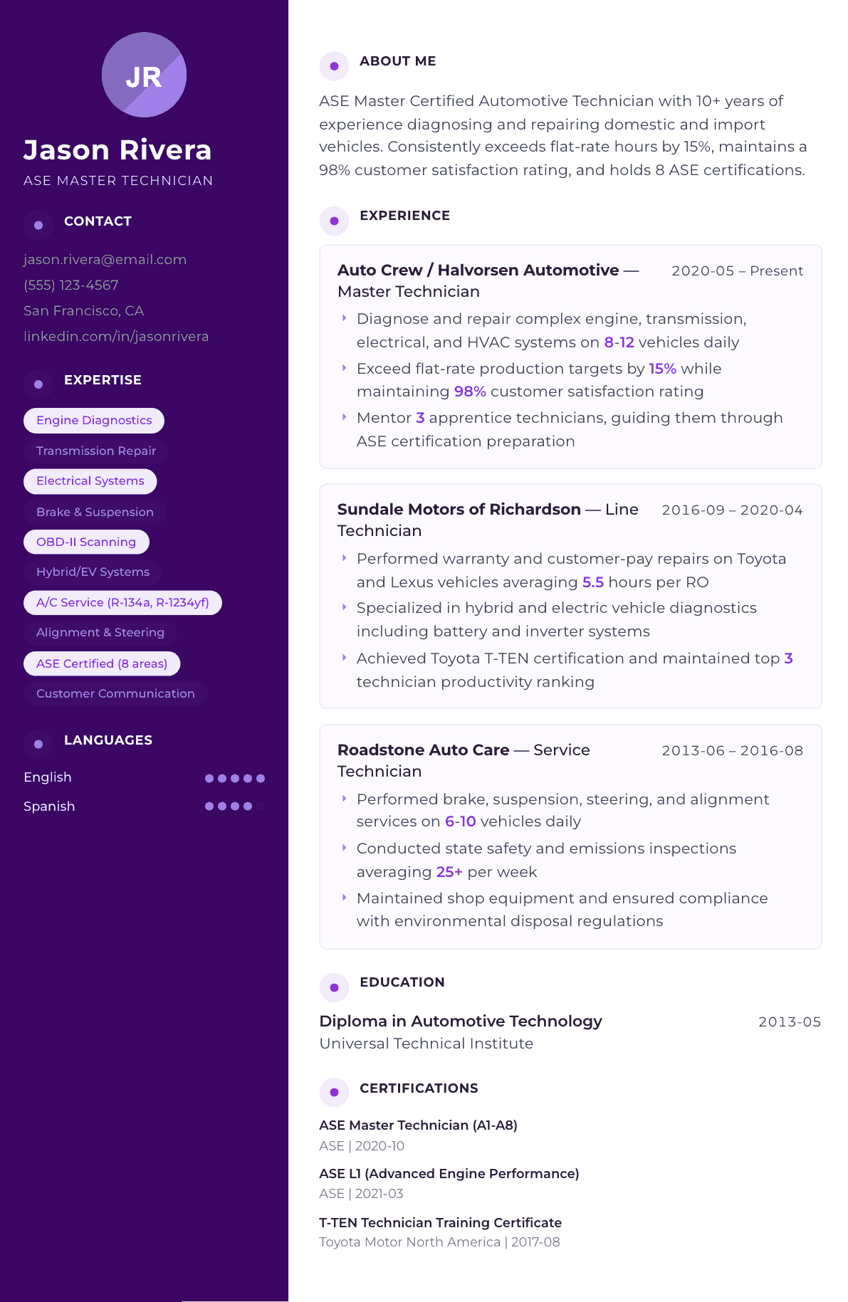 Automotive Technician resume example, Palette template