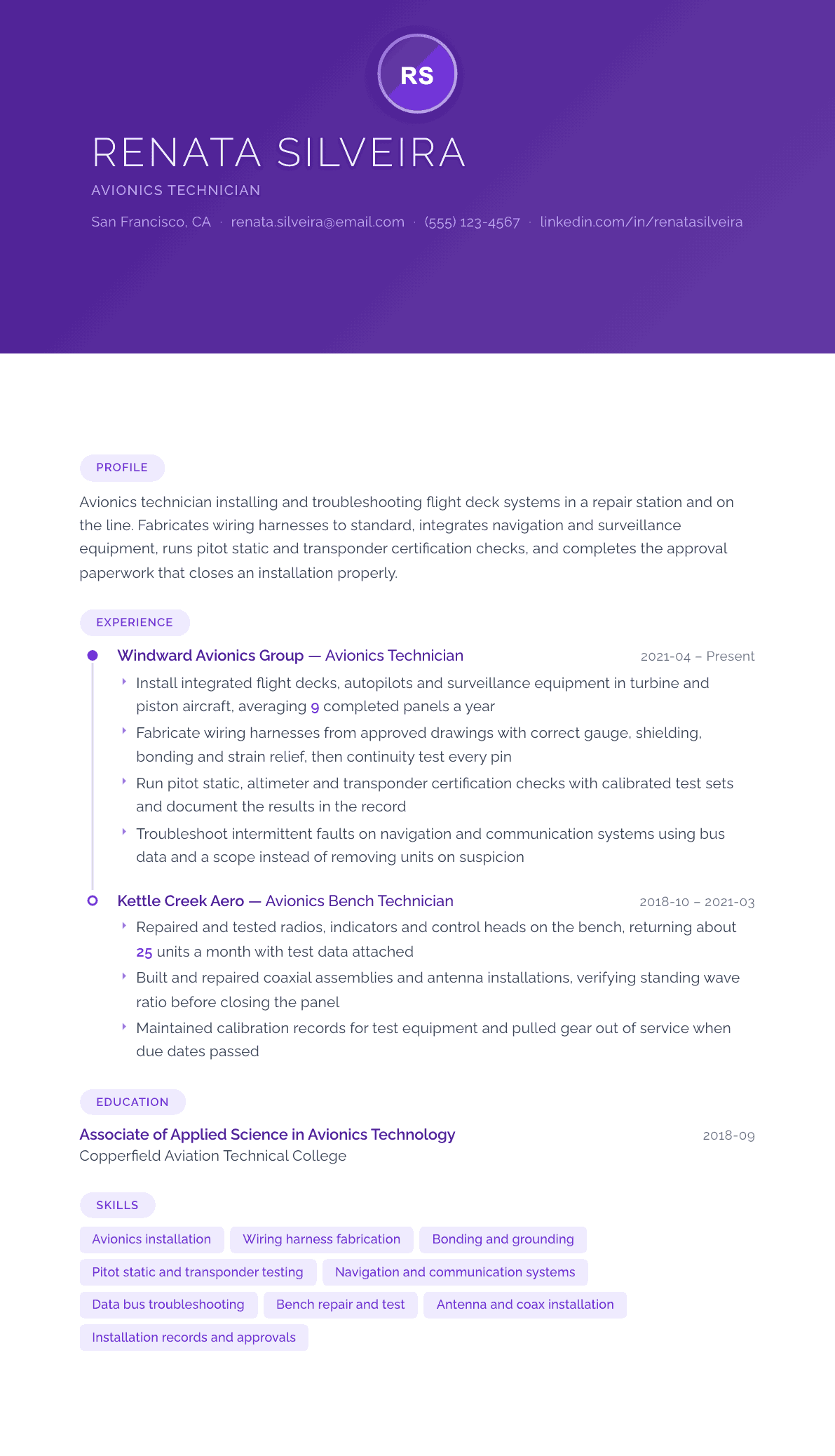 Avionics Technician resume example, Canvas template