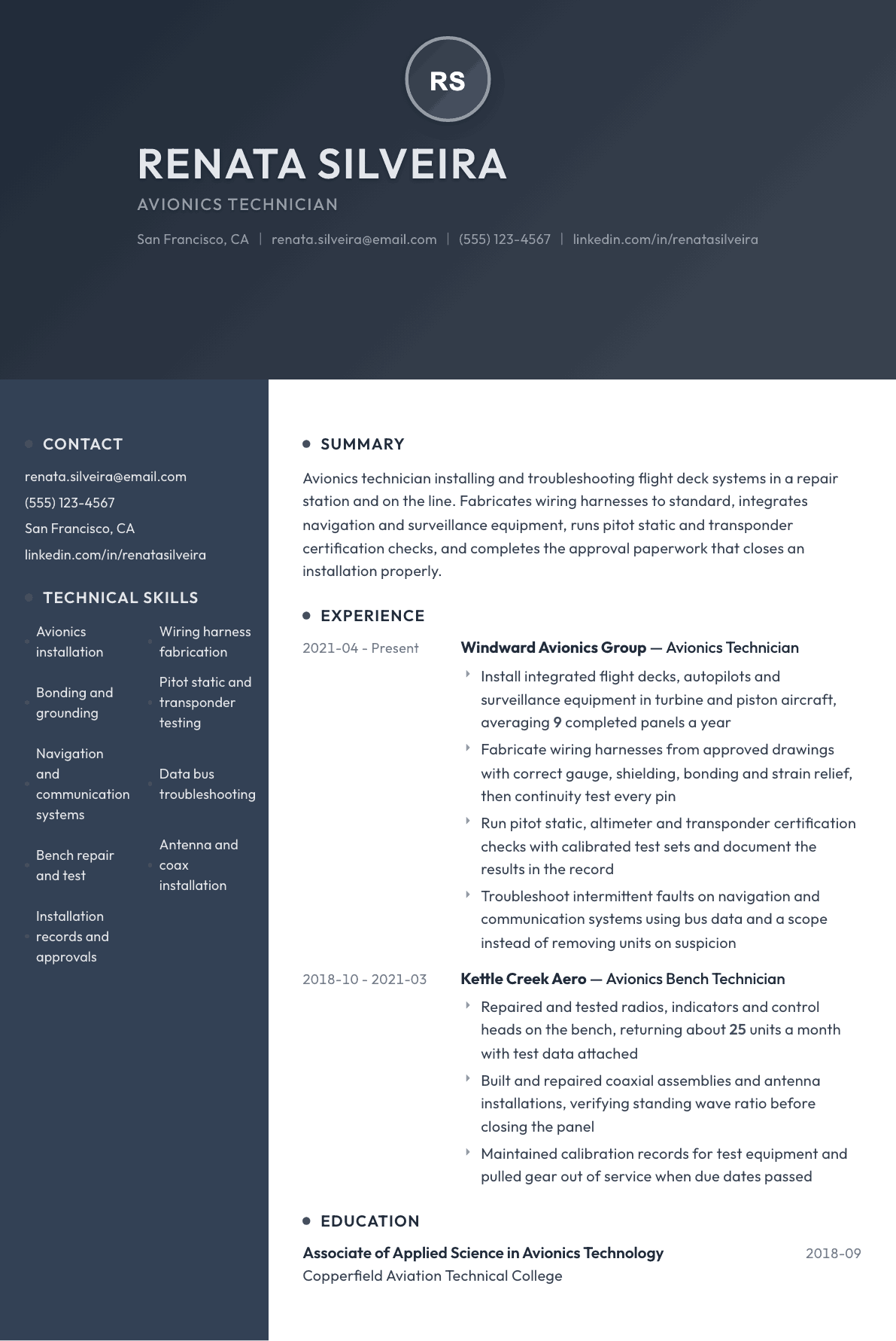 Avionics Technician resume example, Binary template