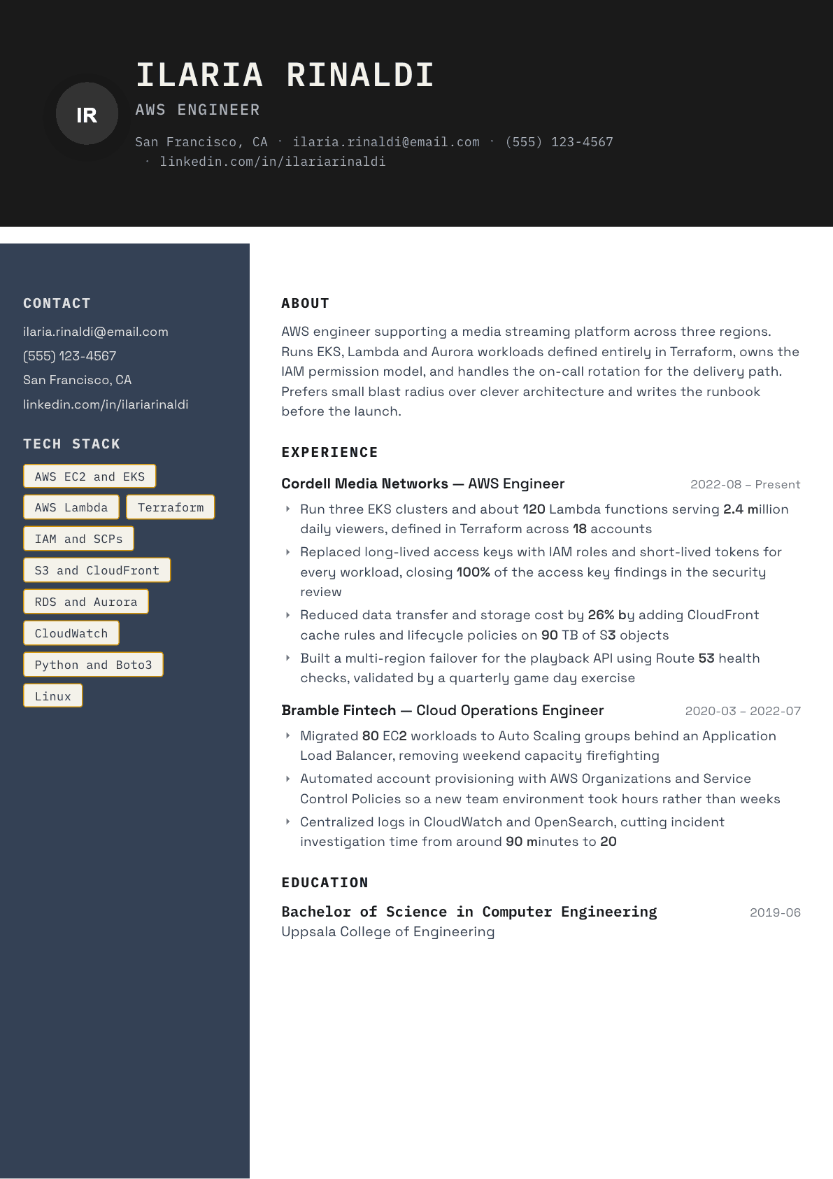 AWS Engineer resume example, Codebase template