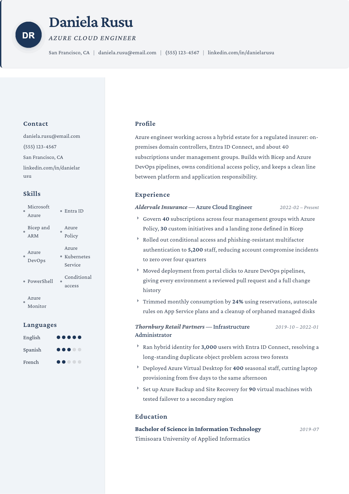 Azure Engineer resume example, Formal template