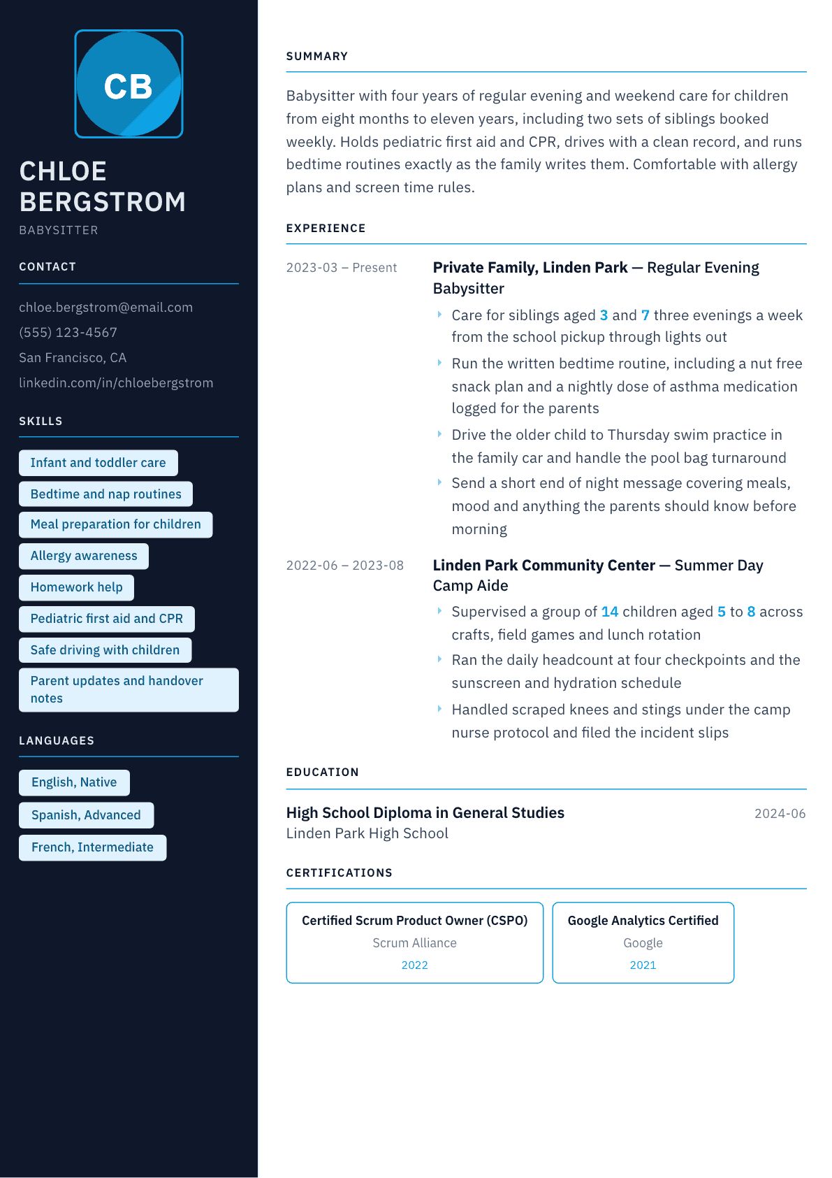 Babysitter resume example, Everest template