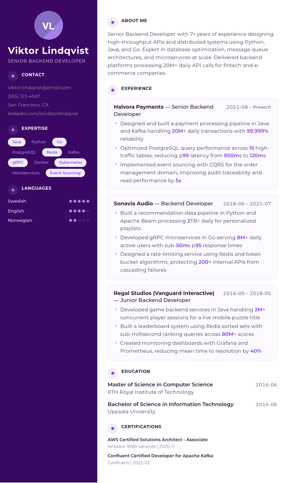 Backend Developer resume example, Palette template