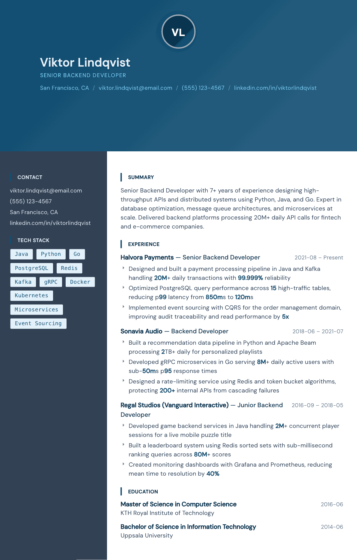 Backend Developer resume example, Prism template