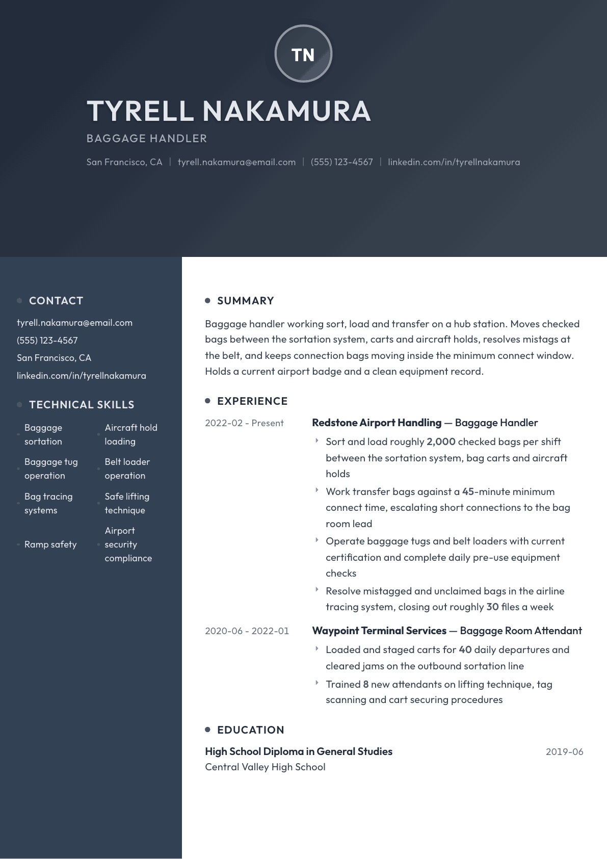 Baggage Handler resume example, Binary template