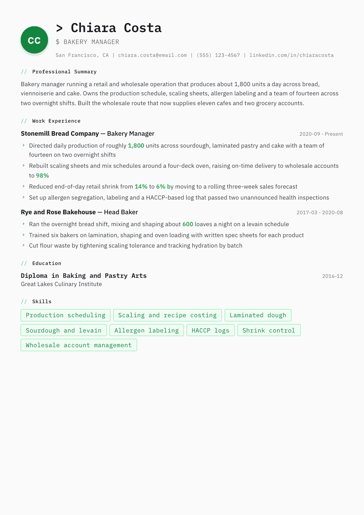 Bakery Manager resume example, Amsterdam template