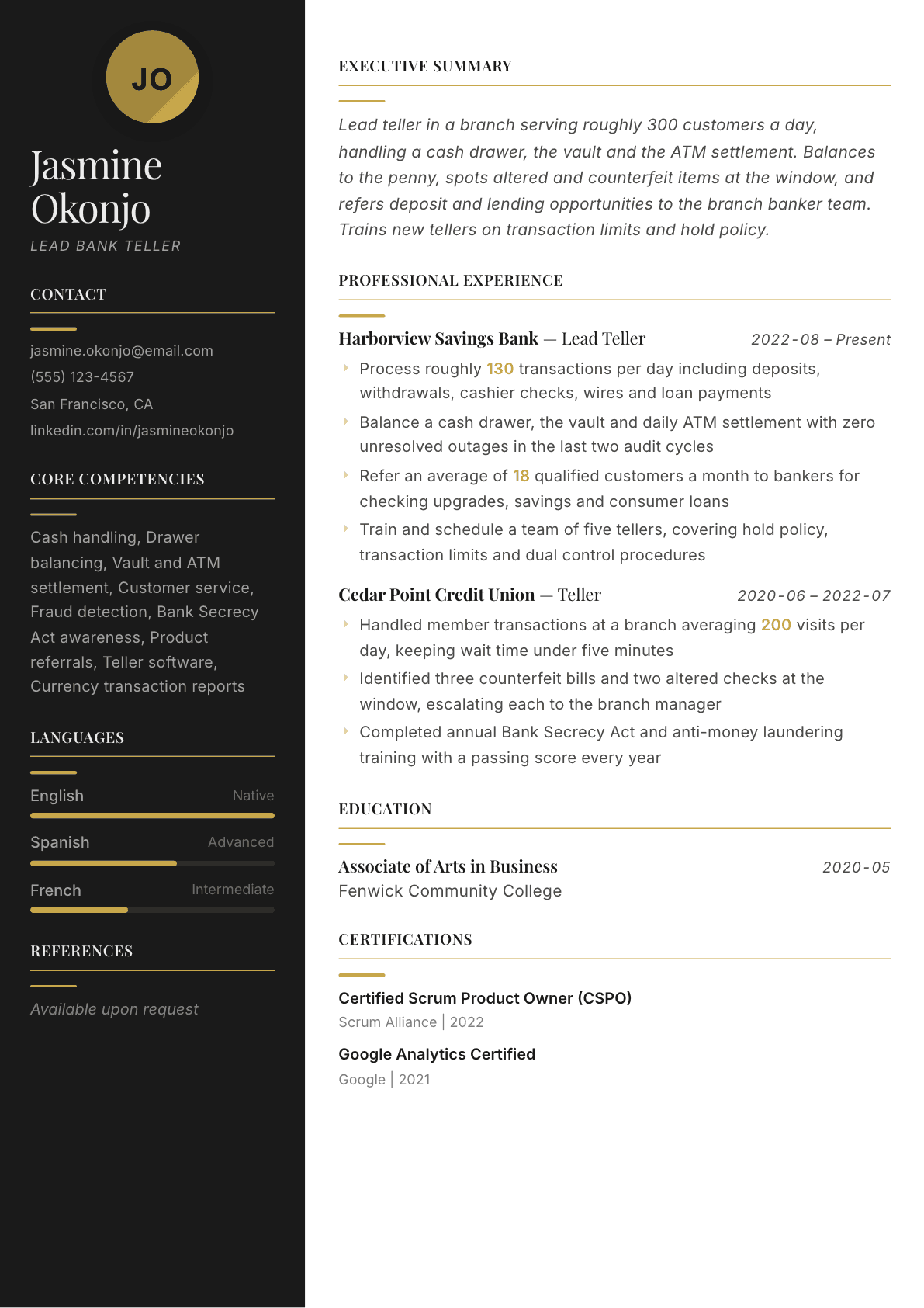 Bank Teller resume example, Ink & Gold template
