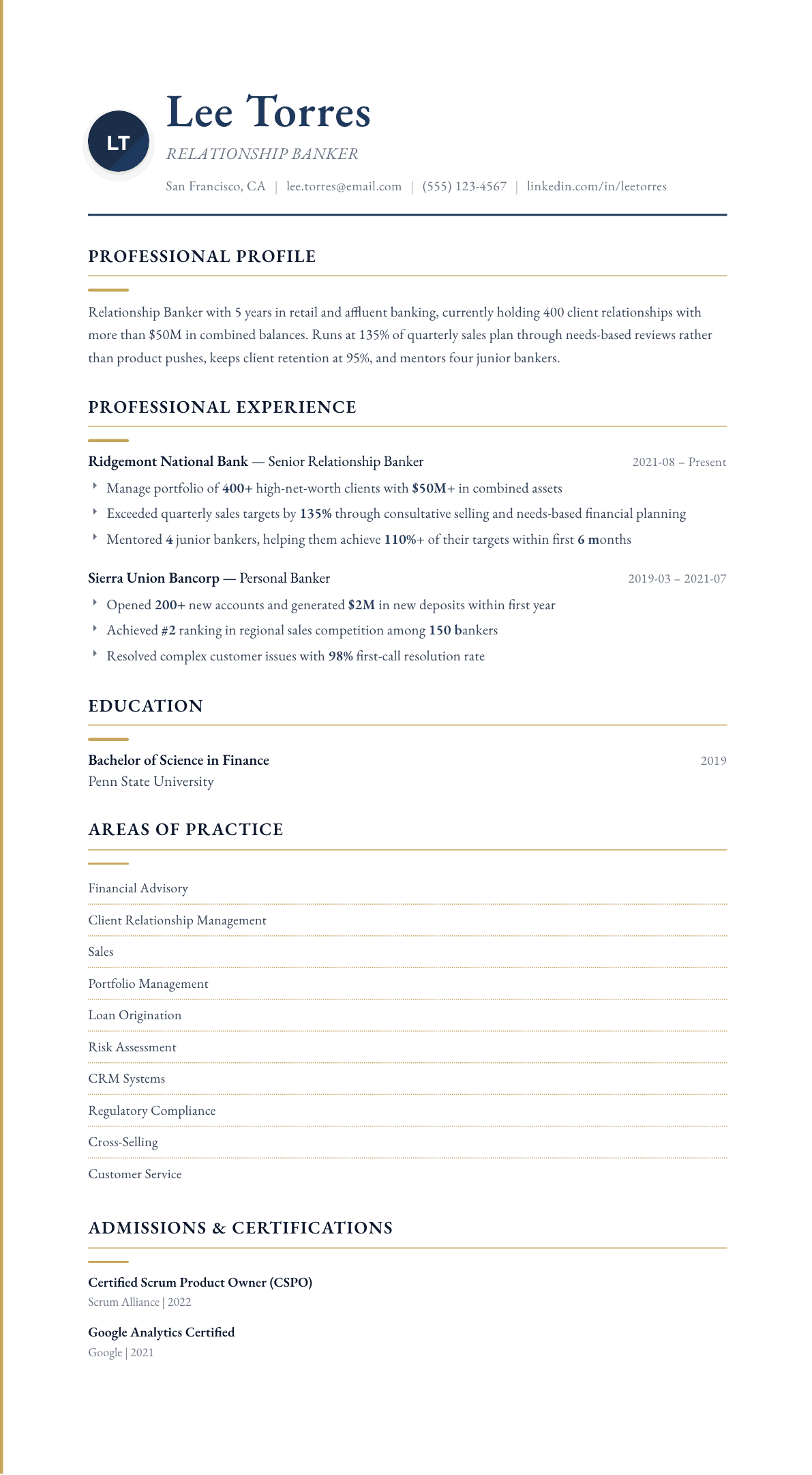 Banker resume example, Folio template