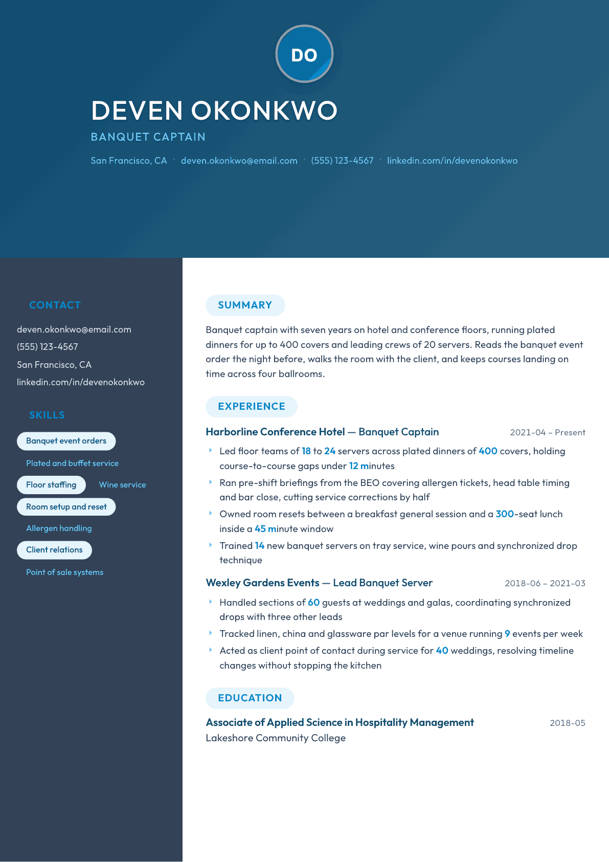 Banquet Captain resume example, Nexus template
